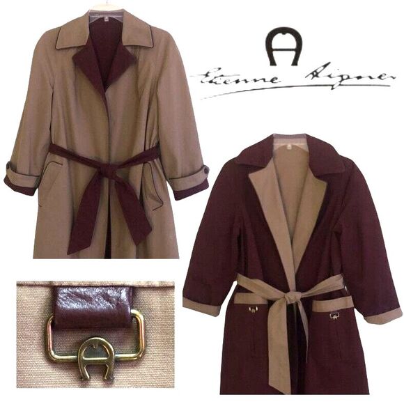 Etienne Aigner Reversible Trench Coat Womens Size 8P Oxblood/Khaki Leather Trim - Picture 2 of 15